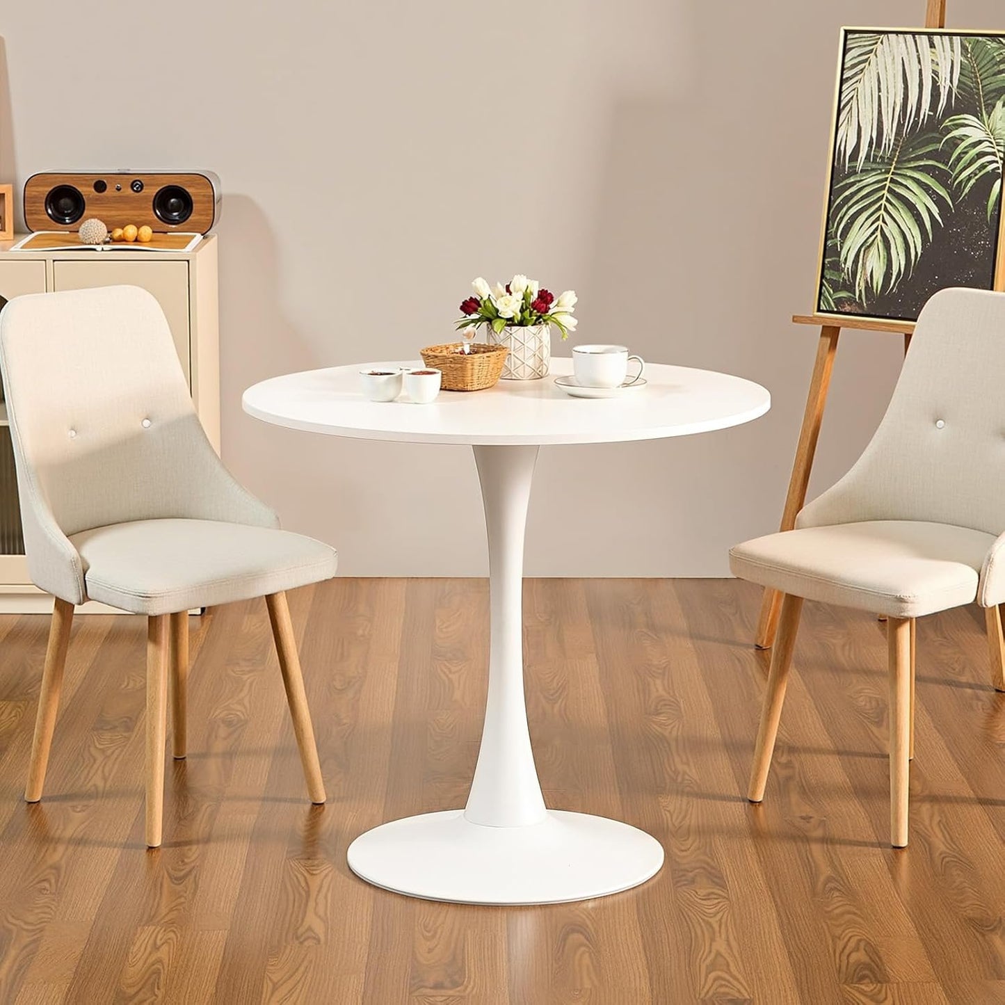 VEVOR Round Dining Table, 31.5 in Wood Table for 2-4 Person, Modern Circle Furniture, Leisure Coffee Office Tables with Pedestal Base in Tulip Design, for Home Kitchen Living Room, White(Only Table)
