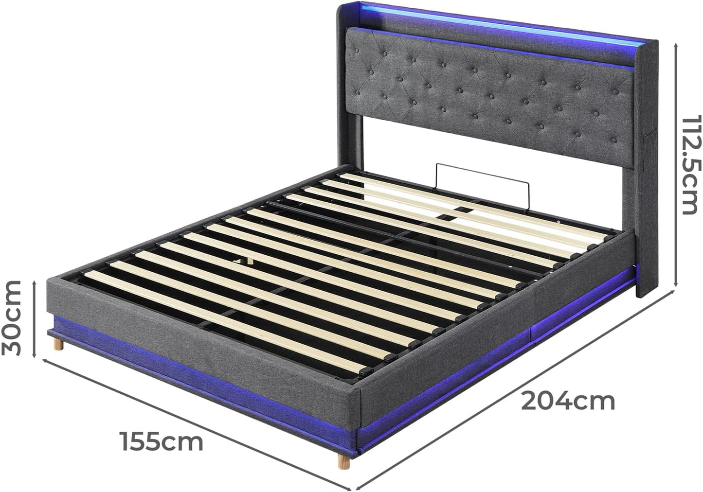 Levede Double Bed Frame,Fabric Upholstered Bed Base with Gas Lift Storage, RGB LED Lights, USB Charging,Headboard,Under Bed Storage Space, Easy Assembly, Bedroom Furniture