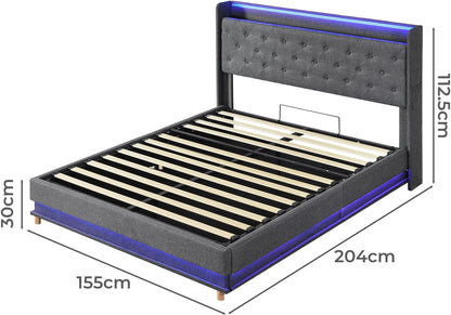 Levede Double Bed Frame,Fabric Upholstered Bed Base with Gas Lift Storage, RGB LED Lights, USB Charging,Headboard,Under Bed Storage Space, Easy Assembly, Bedroom Furniture