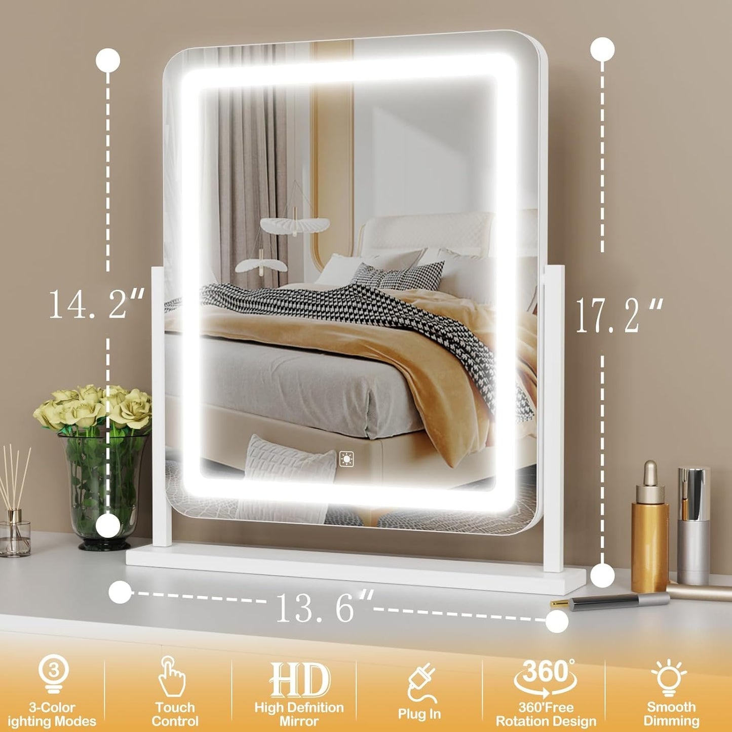 Lighted Makeup Mirror, Hollywood Vanity Mirror with Lights, Three Color Lighting Modes, and 5X Magnification Mirror, Smart Touch Control, 360°Rotation (17.2in. White)