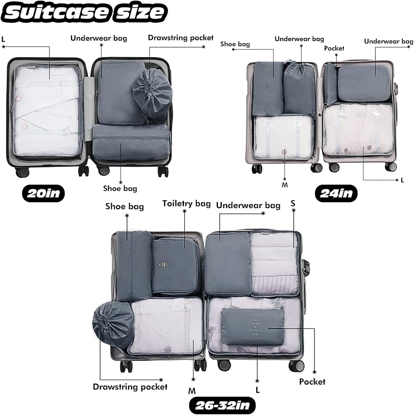 11 Pieces Travel Organizer Suitcase Set, Packing Cubes, Travel Organizer for Space-Saving Suitcases for Clothes Shoes Underwear Cosmetics (Grey)