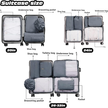 11 Pieces Travel Organizer Suitcase Set, Packing Cubes, Travel Organizer for Space-Saving Suitcases for Clothes Shoes Underwear Cosmetics (Grey)