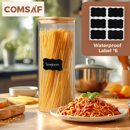 ComSaf 71oz Rectangle Glass Storage Containers with Lids, Glass Jars with Bamboo Lids, Clear Food Storage Jar, Tall Spaghetti Container, Pantry Storage Container for Pasta Flour Oats Nuts Rice