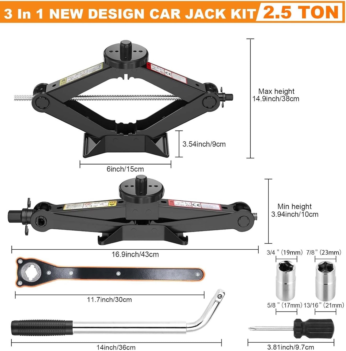 Upgrade 3 in 1 Car Jack Kit for Tesla Model Y/3/S/X, Coupe,Sedan,SUV,MPV&Truck,Scissor Jack 2.5 Ton/5512lbs Universal Car Emergency Kit with Lug Wrench Spare Tire Repair Tools