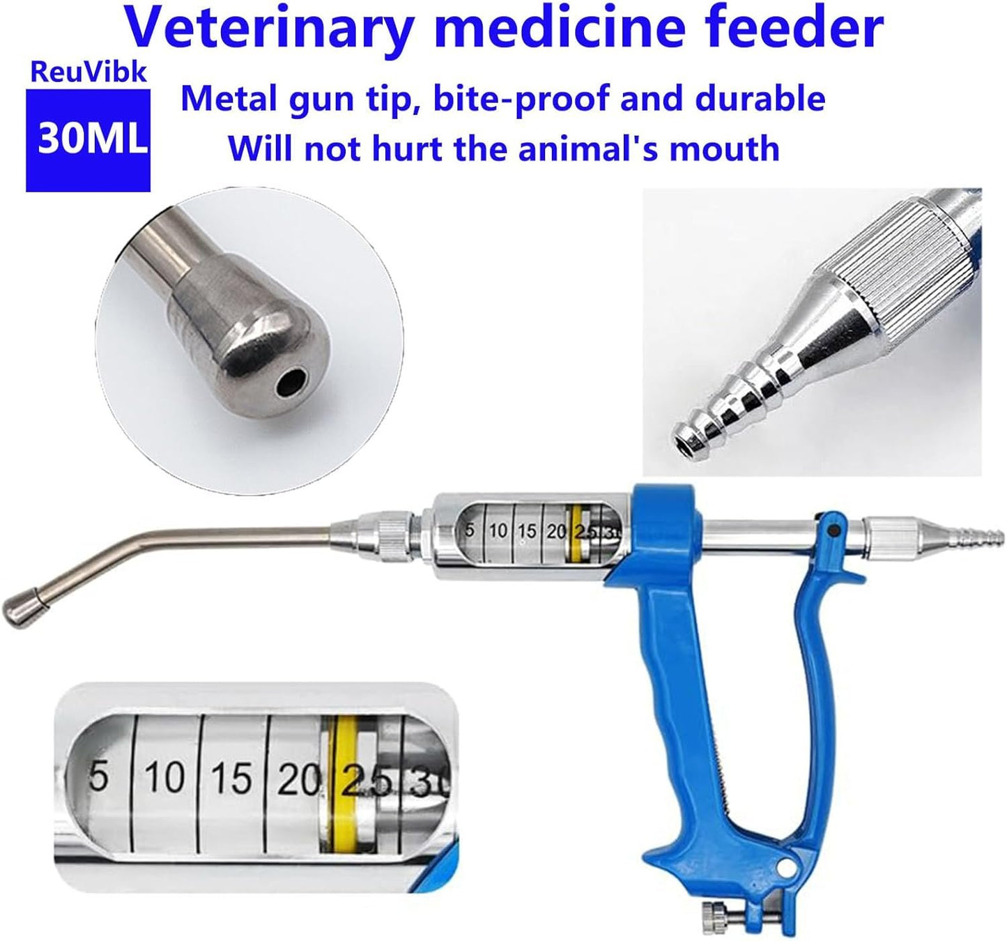 30ML Adjustable Veterinary Metal Feeding Gun, Continuous Drench Gun Continuous Dosing Device Veterinary Medicine Dispenser Husbandry Autonomous Feeding Tool, for Pig Cow, Sheep, Horse