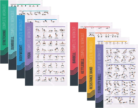 PosterMate - FitMate 8-Pack Workout Exercise Poster Bundle Set - Dumbbell, Barbell, Bodyweight, Kettlebell, and More Fitness Gym Workout Routine with Free Weights Home Gym Decor (20 x 30 Inch)