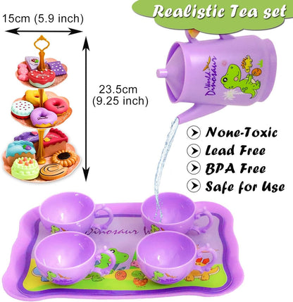 LOYUEGIYO Dinosaur Tea Party Set Toys for Girls Boys Toddler,Children Kitchen Pretend Role Play Food Toy,Educational Learning Kid Girl Toys Gifts for 3 4 5 6 7 Year Old,Teapot&Teacups&Dishes&Desserts