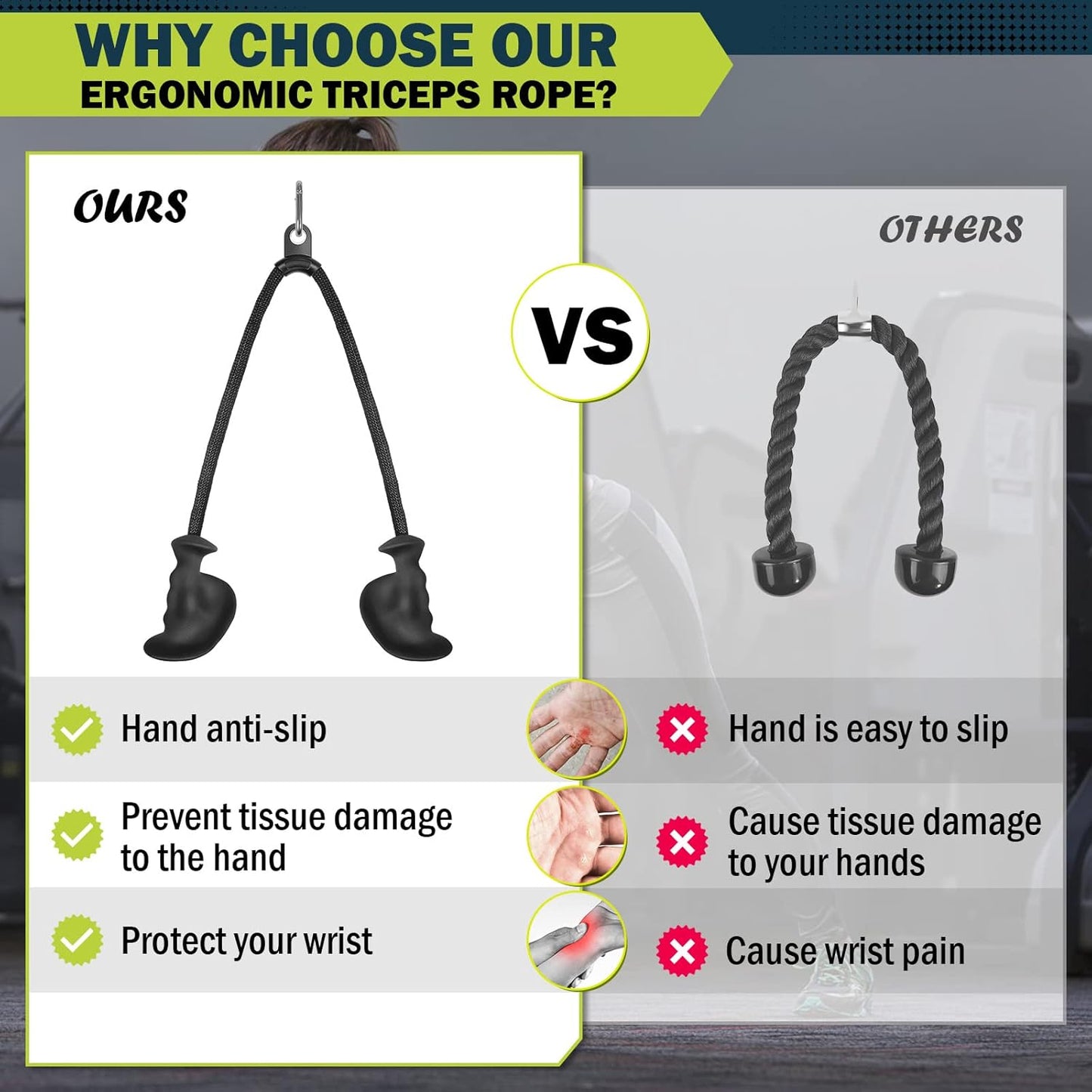 DASKING Ergonomic Triceps Pull Down Rope with Non-Slip Natural Rubber Grip, Pulley System LAT Pulldown Cable Machine Attachment Home Gym Traction Rope for Triceps Pull Downs Crunches