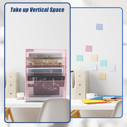 EASEPRES Desk File Organizer Mesh 6-Tier, Hanging Wall Mount Document Organization Stand, Desktop Vertical Mail Paper Folder Holder Rack with Bottom Tray for Office Home Cubicle Countertop, Pink