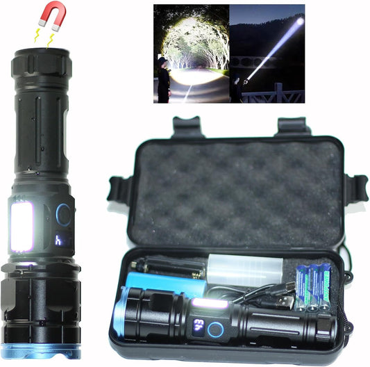 GIIGOEMY Rechargeable High Brightness 10000 Lumens Super Bright LED Tactical Flashlight with White + Red Side Light Flash Function, Tail Cap with Magnet, High Power