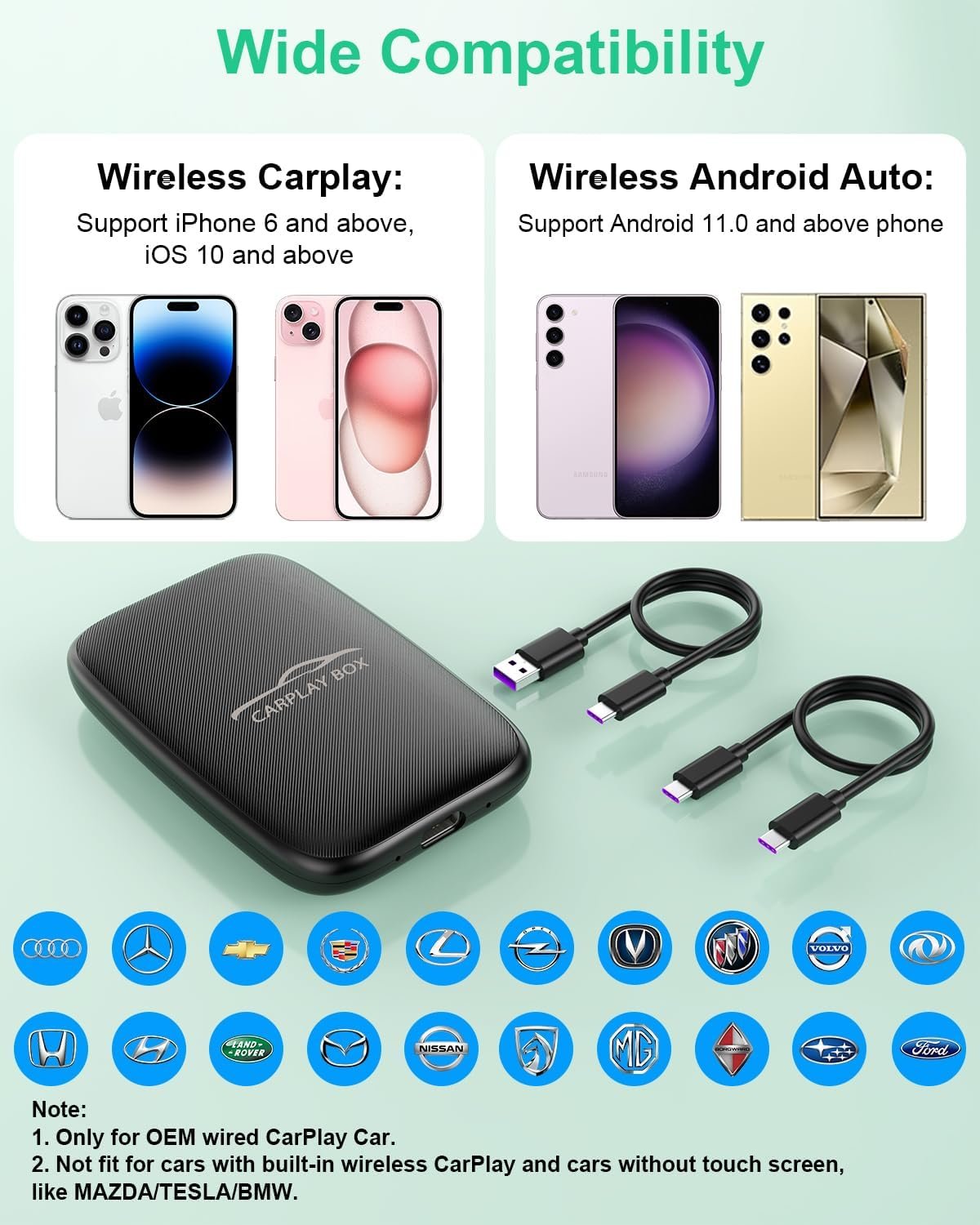 MTAKYI Wireless CarPlay Adapter Support Netflix YouTube, Android Auto Wireless Adapter for Factory Wired CarPlay Cars, 2 in 1 Magic AI Box with 5.8GHz WiFi, TF Card, Plug and Play for iPhone/Android