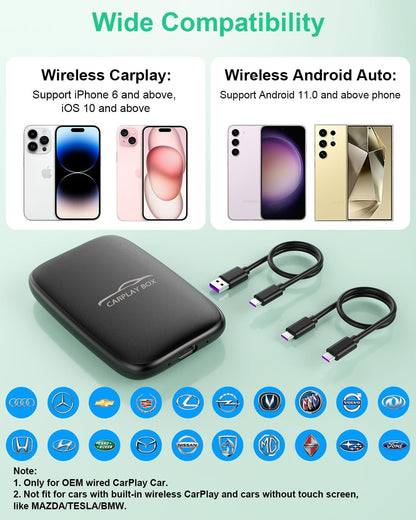 MTAKYI Wireless CarPlay Adapter Support Netflix YouTube, Android Auto Wireless Adapter for Factory Wired CarPlay Cars, 2 in 1 Magic AI Box with 5.8GHz WiFi, TF Card, Plug and Play for iPhone/Android