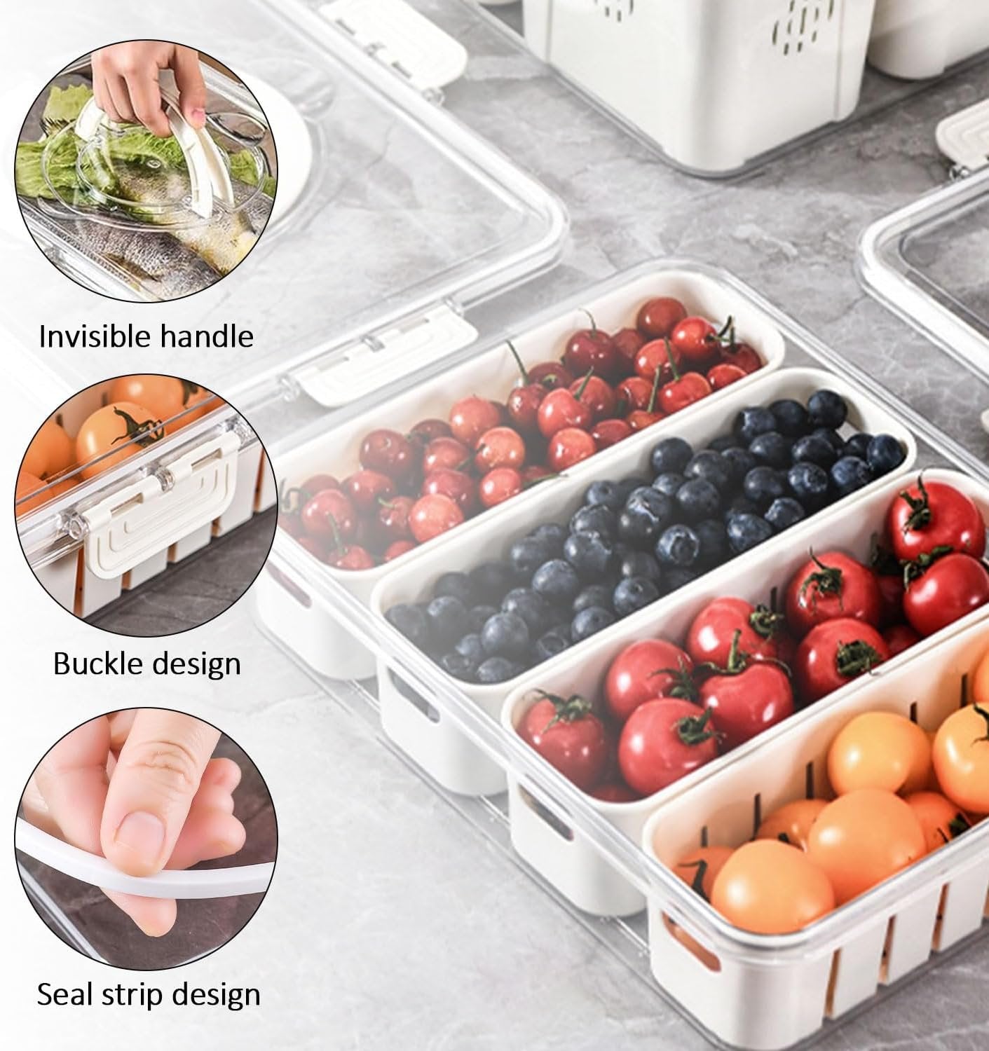 Divided Serving Tray with Lid and Handle, Storage Containers for Fridge, Snack Platters Organizer, Fruit Plate, Fresh -keeping Box Is Suitable for Fruits, Vegetables, Refrigerators, Picnics (4 grid)