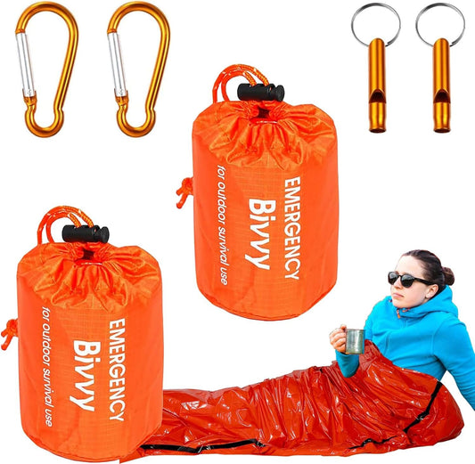 2 Pieces Bivvy Bag,Blanket Emergency Survival Sleeping Bag, Emergency Blanket, Survival Equipment, First Aid Rescue Blankets, Heat Repellent, Cold Protection, Waterproof with Whistle Bivouac