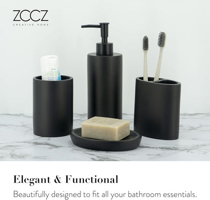 ZCCZ Bathroom Accessory Set, 4 Piece Matte Black Vanity Countertop Décor with Soap Dispenser, Toothbrush Holder, Tumbler, and Dish for Modern Home Styling and Functional Organization