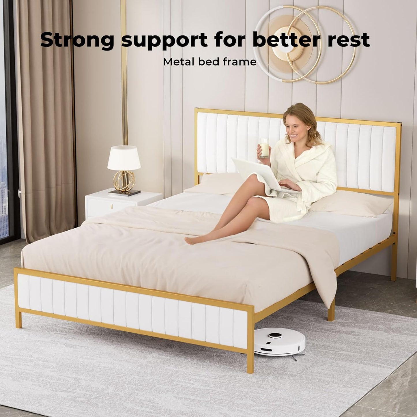 Levede Metal Queen Bed Frame, PU Fabric, Upholstered Headboard, Elevated Design, Under Bed Storage Space,13 Metal Slats Support, Easy Assemnly Platform Bed, Beige