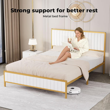 Levede Metal Queen Bed Frame, PU Fabric, Upholstered Headboard, Elevated Design, Under Bed Storage Space,13 Metal Slats Support, Easy Assemnly Platform Bed, Beige