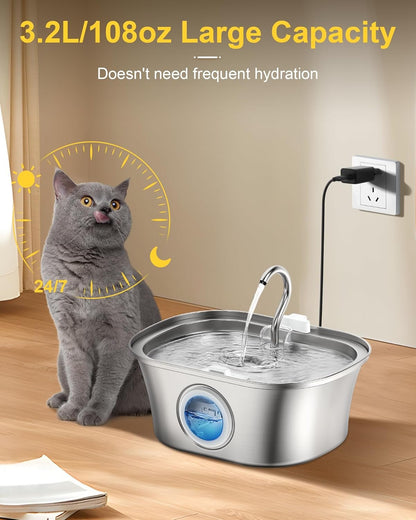 Stainless Steel Cat Water Fountain, 108oz/3.2L Automatic Pet Fountain Dog Water Dispenser & Pet Water-Bowl Cat Drinking Fountain with Ultra-Quiet Pump for Cats Feeding & Watering Supplies