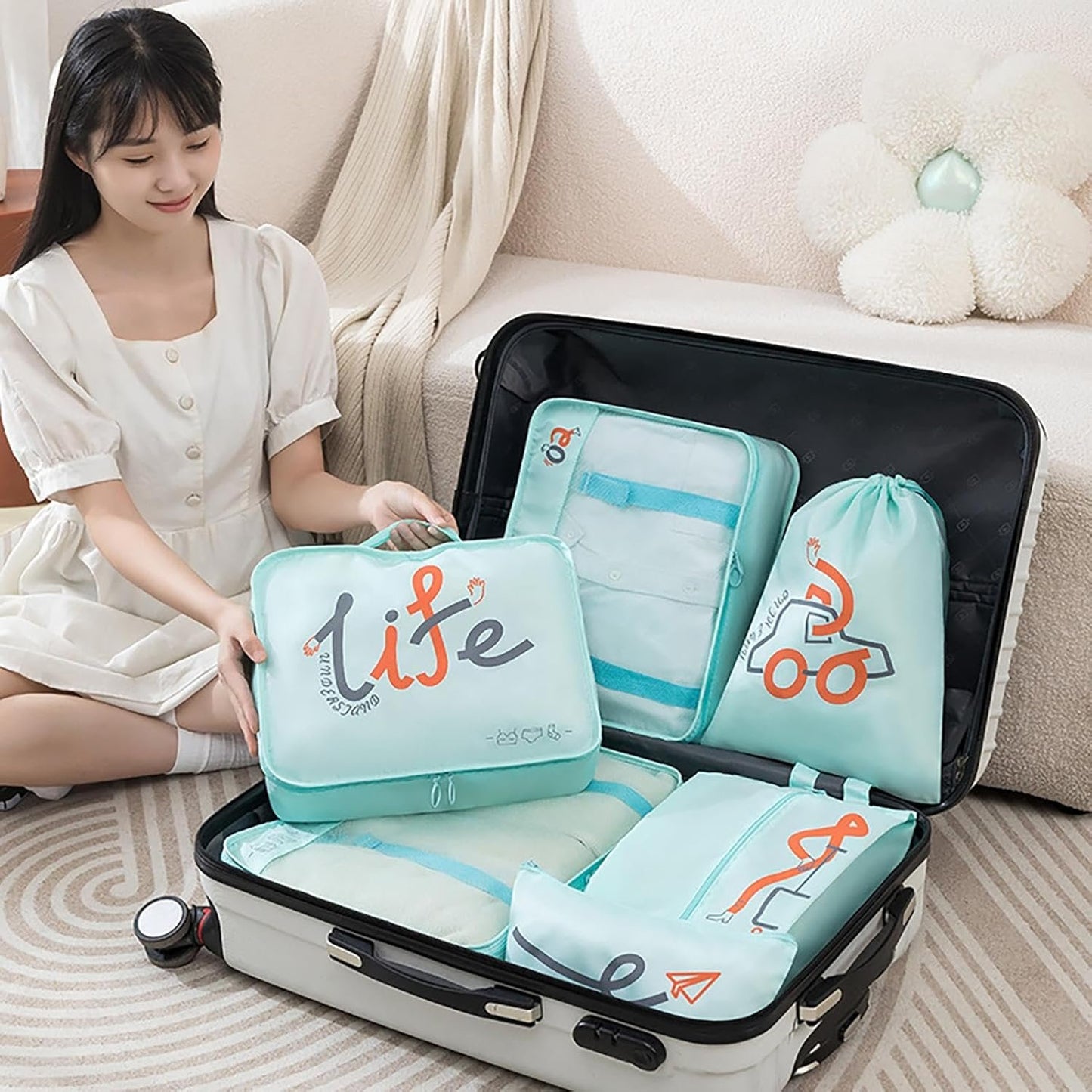 6pcs Clothes and Travel Essentials Packing Cubes Set - Organization Bags for Underwear, Socks, Bras, T-Shirts, Panties, Towels