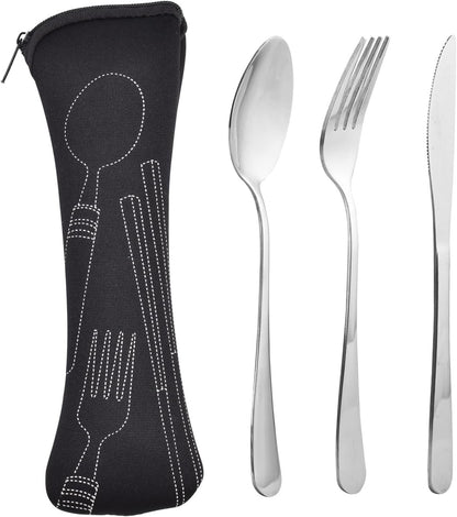 Travel Cutlery Set with Case, Camping Utensil Set Stainless Steel Travel Utensils Set with Case, Silverware Portable Utensil Set for Lunch Box School Picnic or Daily Use (Black)