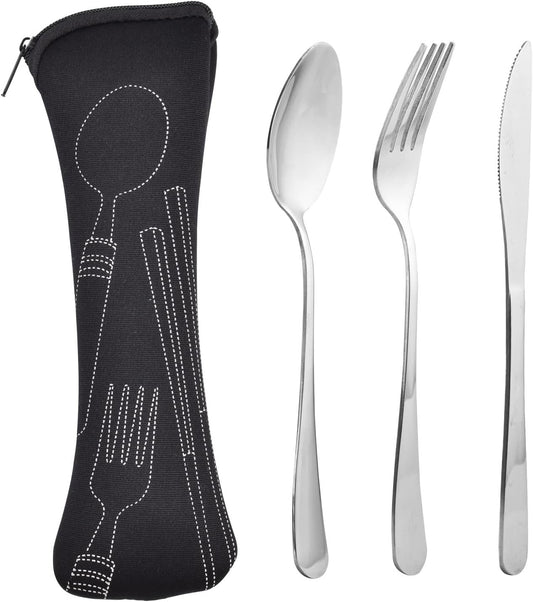 Travel Cutlery Set with Case, Camping Utensil Set Stainless Steel Travel Utensils Set with Case, Silverware Portable Utensil Set for Lunch Box School Picnic or Daily Use (Black)