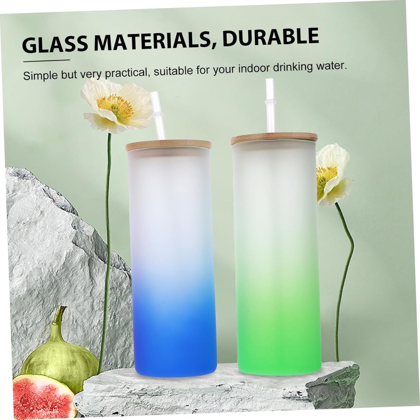 Zerodeko 4Pcs Gradient Sublimation Glass Drinking Cup Frosted Color Changing Tumbler with Lid