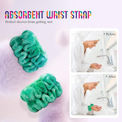 Hroevc 4PCS Tie-Dye Spa Headband and Wristband Set for Face Washing, Puffy Facial Terry Cloth Makeup Face Wash Headband for Women Girls（Tie-Dye 1）