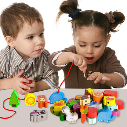LITTLEFUN Preschool Montessori Wooden Threading Toys with Animals Fruits Number Alphabet Traffic Beads for Kids Toddler - Best Toy Gifts