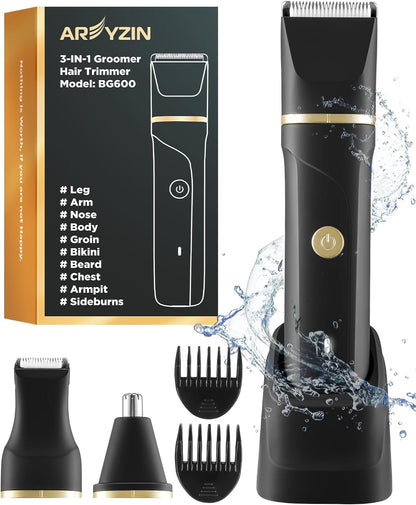 Body Hair Trimmer Men Painless Body Groomer & Ball Trimmer,3 in 1 Pubic Hair Trimmer for Men,USB Recharge Dock,Replaceable Ceramic Blade Heads,IPX7,Mens Grooming Kits,Black
