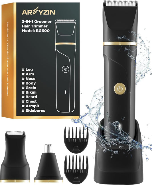 Body Hair Trimmer Men Painless Body Groomer & Ball Trimmer,3 in 1 Pubic Hair Trimmer for Men,USB Recharge Dock,Replaceable Ceramic Blade Heads,IPX7,Mens Grooming Kits,Black