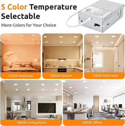 HONZIN 6 Pack 6 Inch Square LED Pot Lights, 5CCT Selectable 2700K–5000K, Dimmable Recessed Ceiling Light with Junction Box, 13W Ultra-Thin IC Rated, White Trim