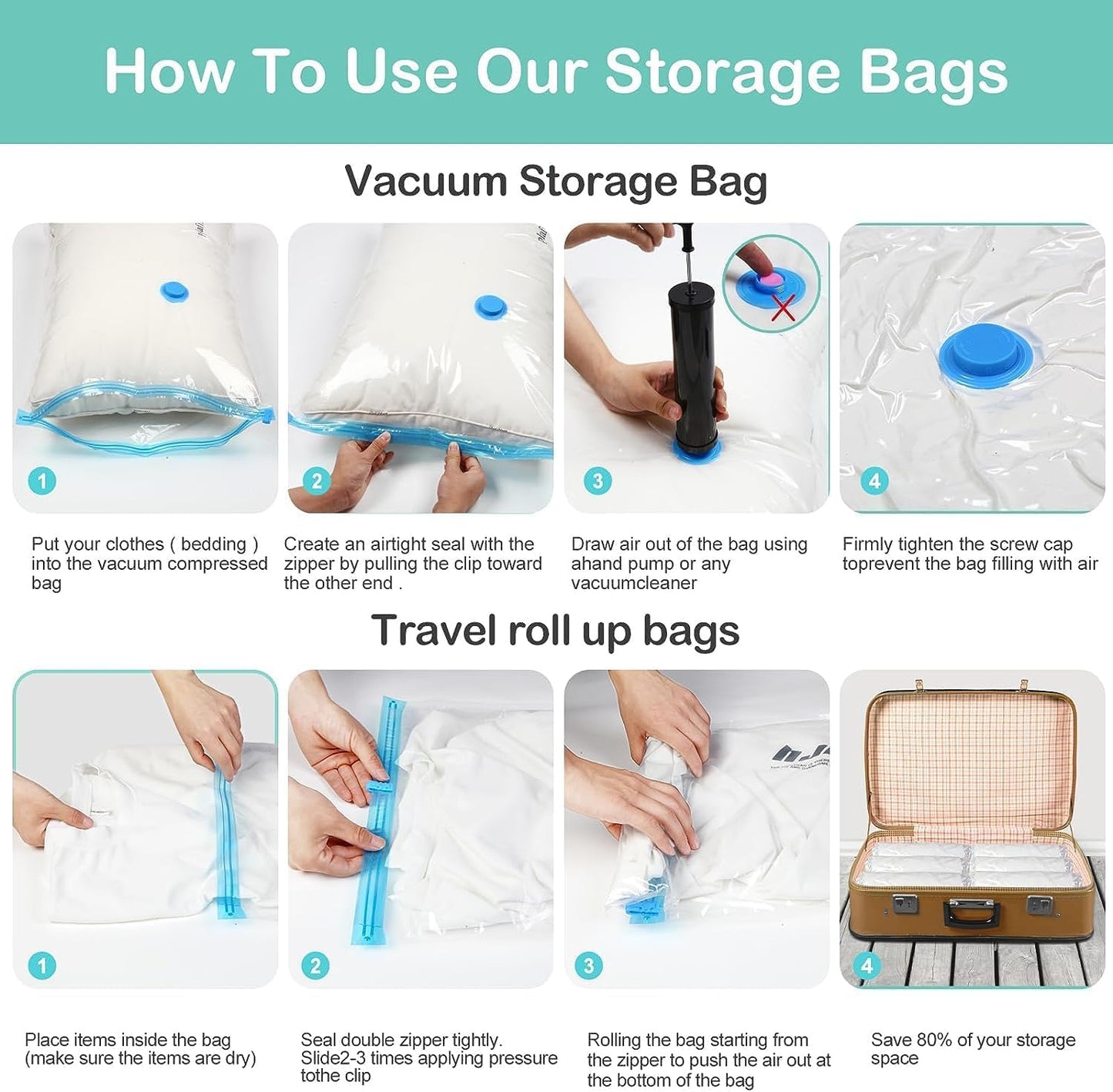 Jabykare 8 Pack Jumbo Vacuum Storage Bags, Space Saver Bags (80x100cm) - Compression Storage Bags for Comforters and Blankets - Vacuum Sealer Bags for Clothes Storage, Home Storage & Organisation