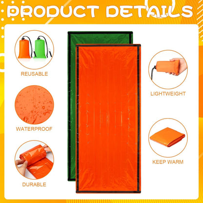 Qunclay 12 Set Emergency Sleeping Bag Survival Bivvy Sack Blanket with Whistles Lightweight Portable Thermal Survival Bag Thick Tent with Hood Extension Nylon Stuff Sack (Orange, Green,82.7 x 35.4 in)