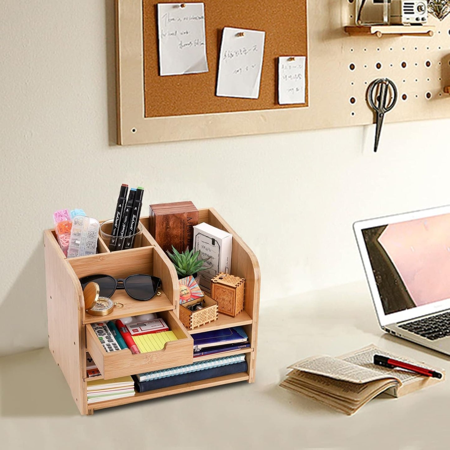 Frcctre Bamboo Desktop Organizer with Drawer, 3 Tier Wooden Desk File Document Organizer with Pen Holder, Tabletop Stationery Storage Organizer Storage Rack for Desk Accessories, Office Supplies