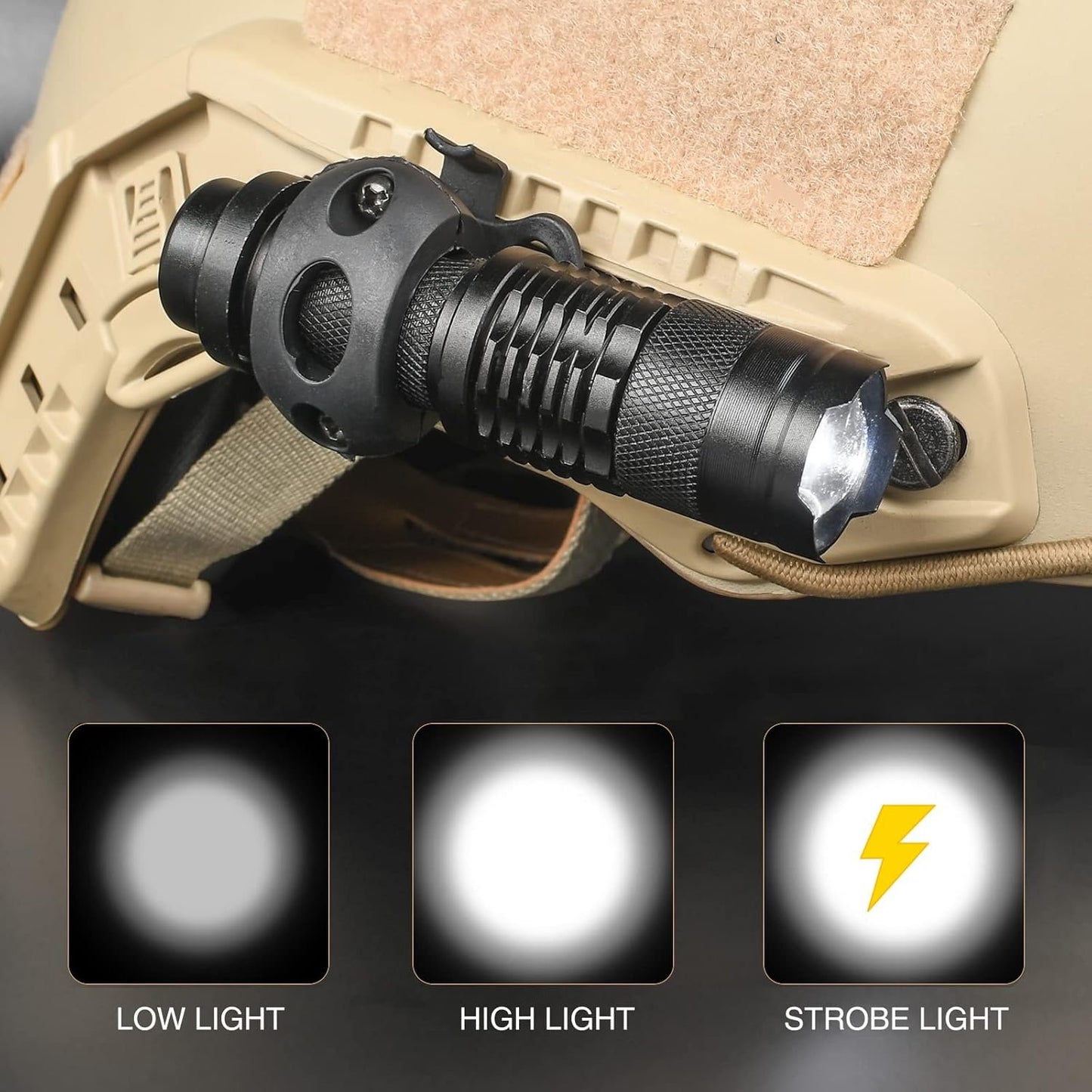 rdzzwxw Military Helmet Light, Mini Zoomable Tactical Flashlight with Strobe/Strong/Low Lamp, Compact Helmet Mounted LED with Fast Helmet Clip Rail, 100 Lumens Scout Light for Outdoor Cycling Hiking