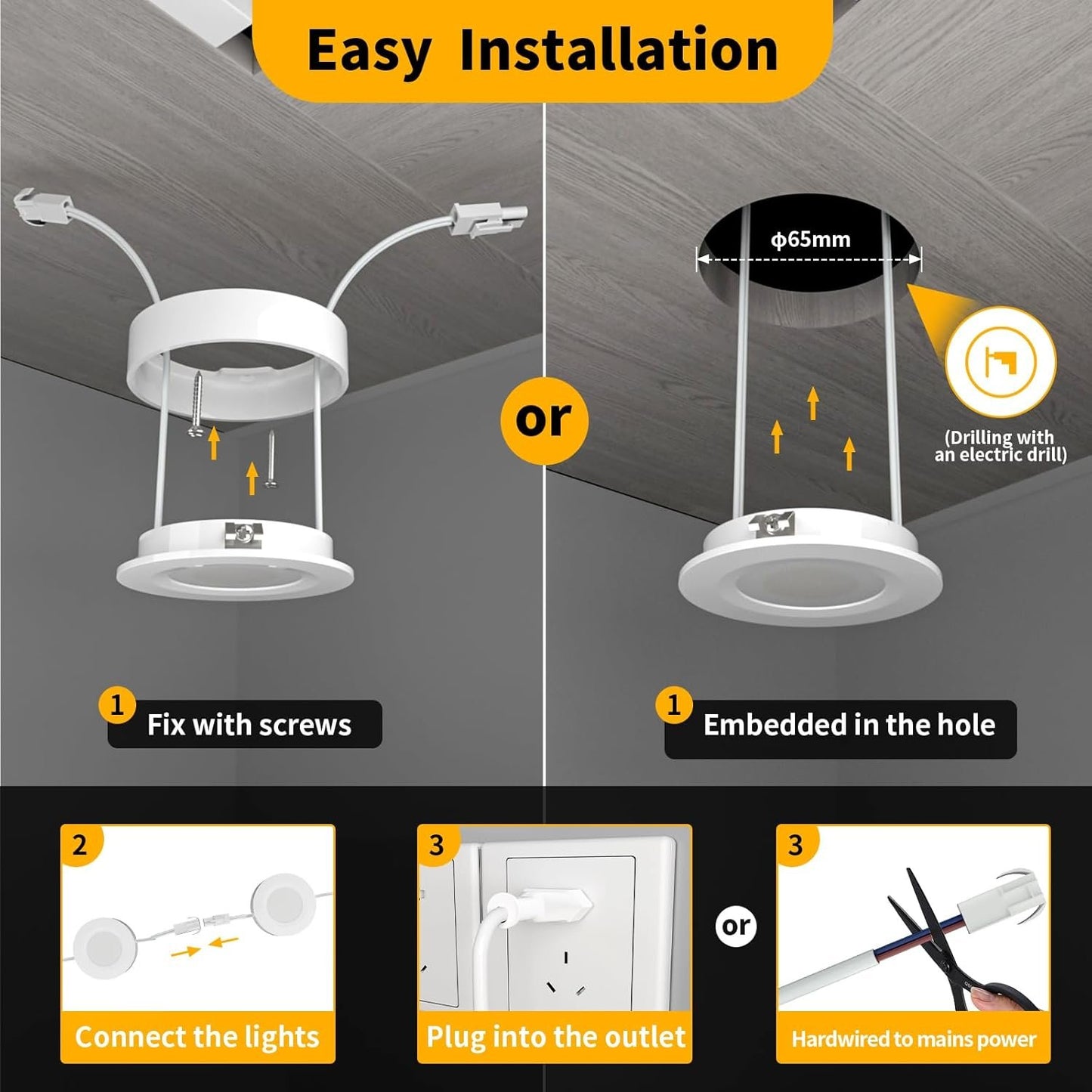 WOBANE LED Puck Lights,Hardwired Under Cabinet Lighting with Switch,DIY Shelf Light for Kitchen,Display,Bookcase,Pantry,Linkable,Recessed & Wall Plug in,Warm White 3000K,120V,Set of 3