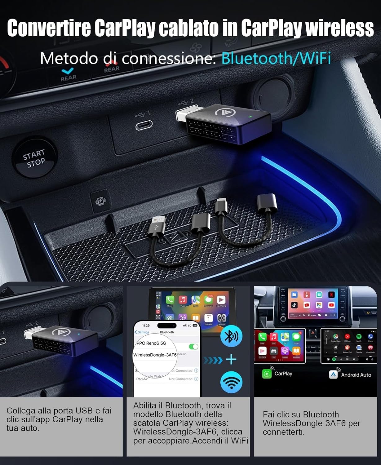 Shiptree CarPlay Wireless Adapter for iOS, 2 to 1 Adapter Convert Wired to Wireless, USB C/A Cable Mini Version, Plug & Play