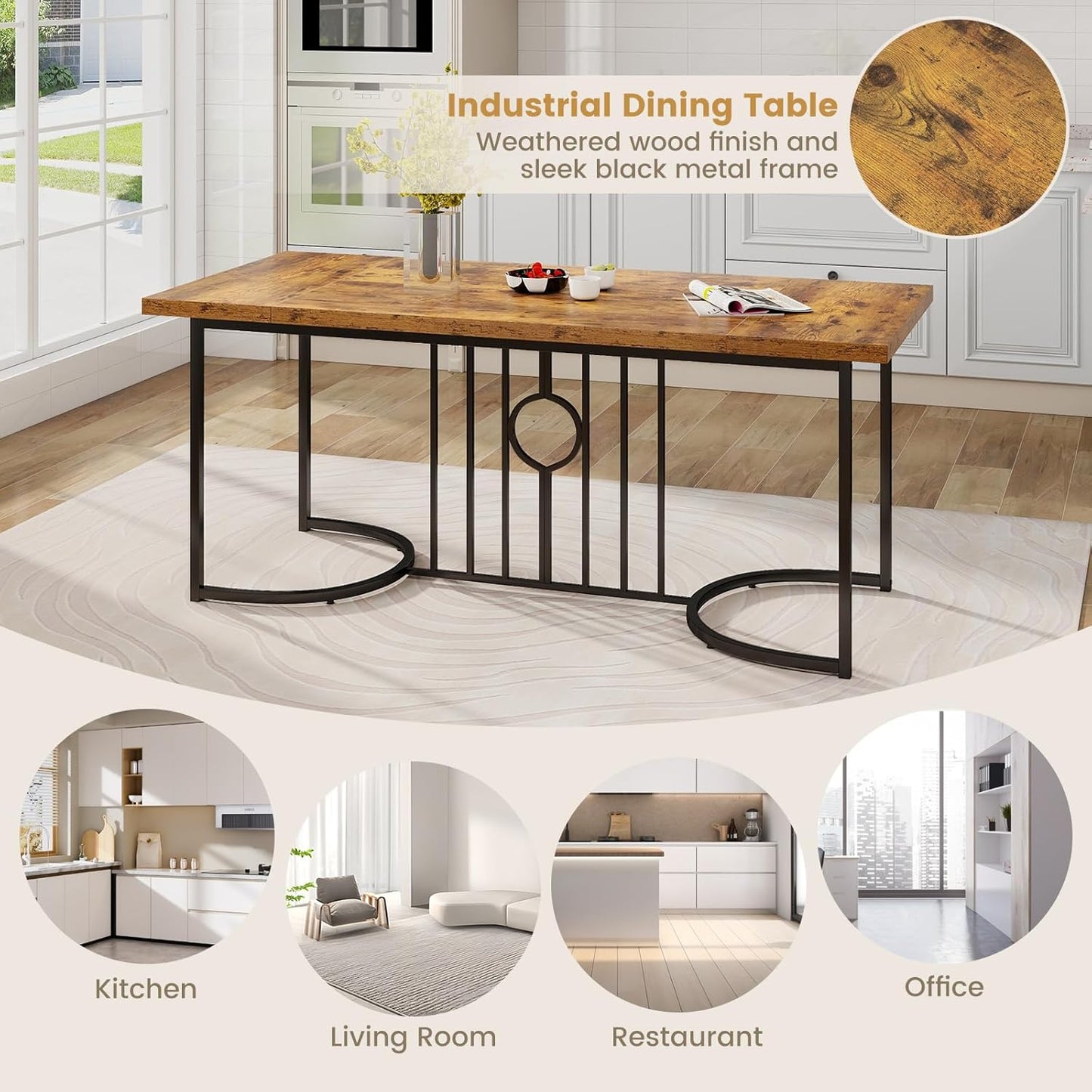 Giantex 180 cm Large Dining Table for 6-8 People, Farmhouse Rectangular Wood Kitchen Table w/Wooden Tabletop, Metal Frame, Industrial Rustic Brown Long Table for Home Office Dining Room, Load 135 KG