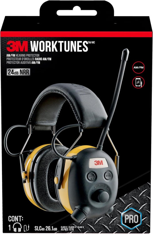 3M Safety Worktunes Hearing Protection with AM/FM Radio, Noise Cancelling, NRR 24 dB (90541), Wired, 1 size