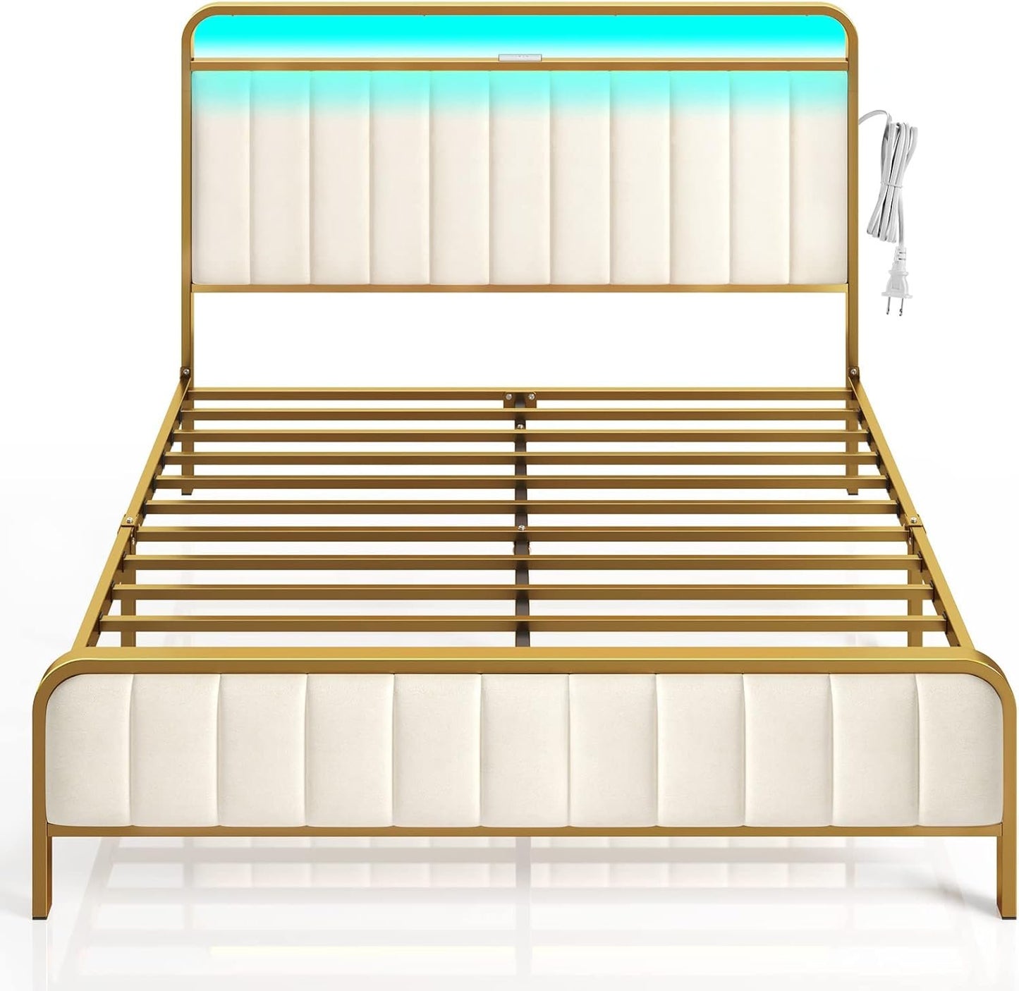 Rolanstar Bed Frame Full Size with Charging Station and LED Light, Upholstered Velvet Bed with Headboard Footboard, Heavy Duty Metal Slat, No Box Spring Need, Noise Free, Easy Assembly, Golden Color