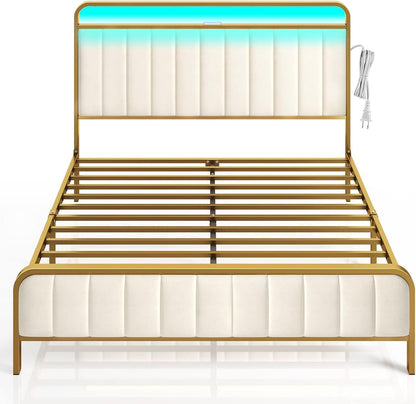 Rolanstar Bed Frame Full Size with Charging Station and LED Light, Upholstered Velvet Bed with Headboard Footboard, Heavy Duty Metal Slat, No Box Spring Need, Noise Free, Easy Assembly, Golden Color