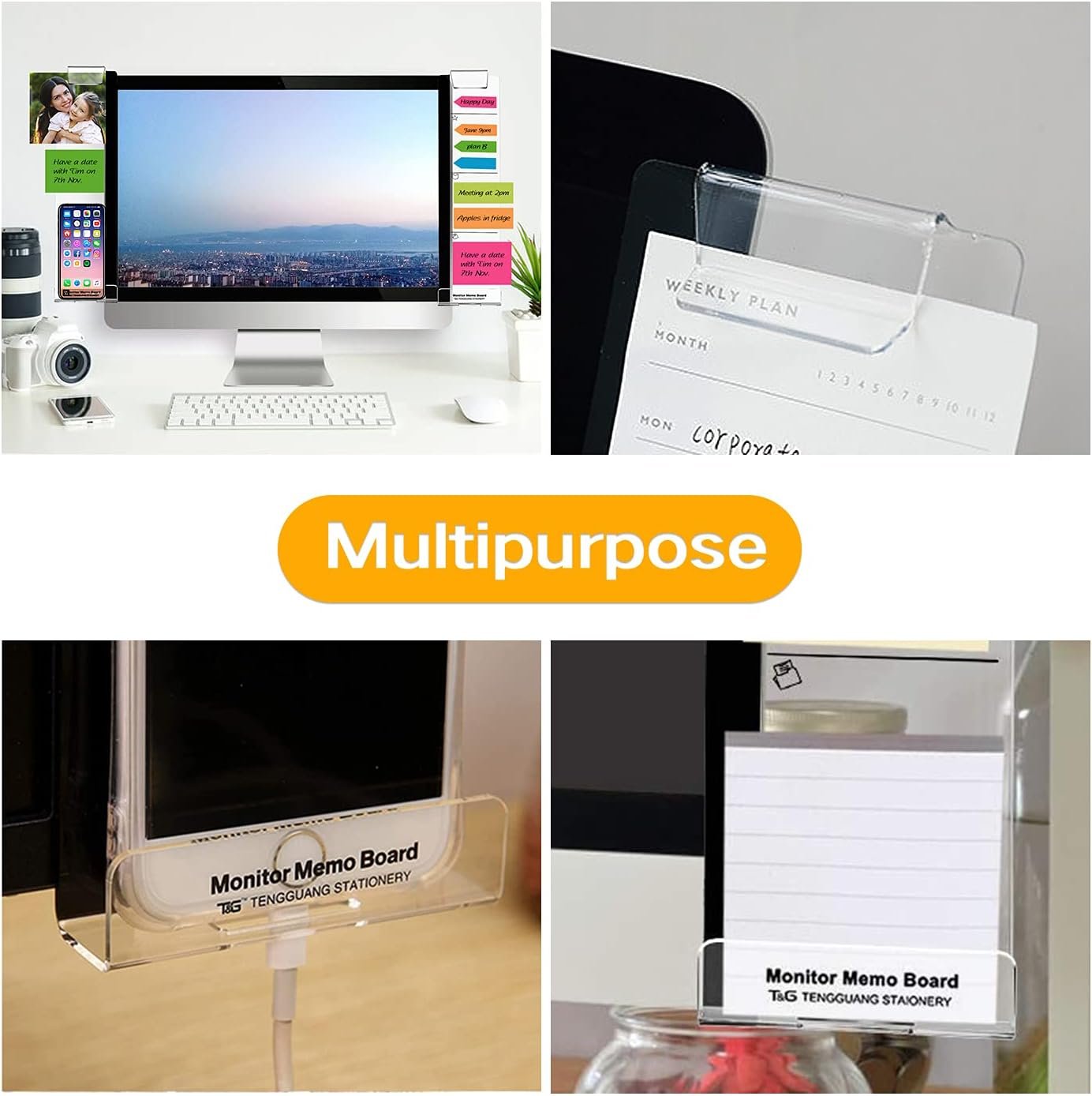Monitor Memo Boards for Computer, Set of 2 (Left & Right) Multifunction Acrylic Screen Message Reminder Pad Side Panels Phone Holder - Utility Organizer for Office Desktop, Gift of 1 Pack Sticky Notes