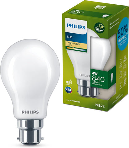 Philips Ultra Efficient Lamps Frosted Light Bulbs CLA 4W A60 B22 2700K FR UE SRT6 6pack PHUE4W27KB22FR