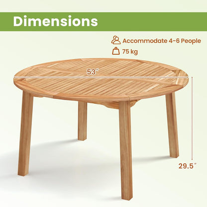 HAPPYGRILL Round Patio Dining Table, Acacia Wood Outdoor Dining Table with 2" Umbrella Hole and Slatted Tabletop for 4-6 Person, 53-Inch Dining Furniture for Yard, Deck Lawn, Garden, Natural