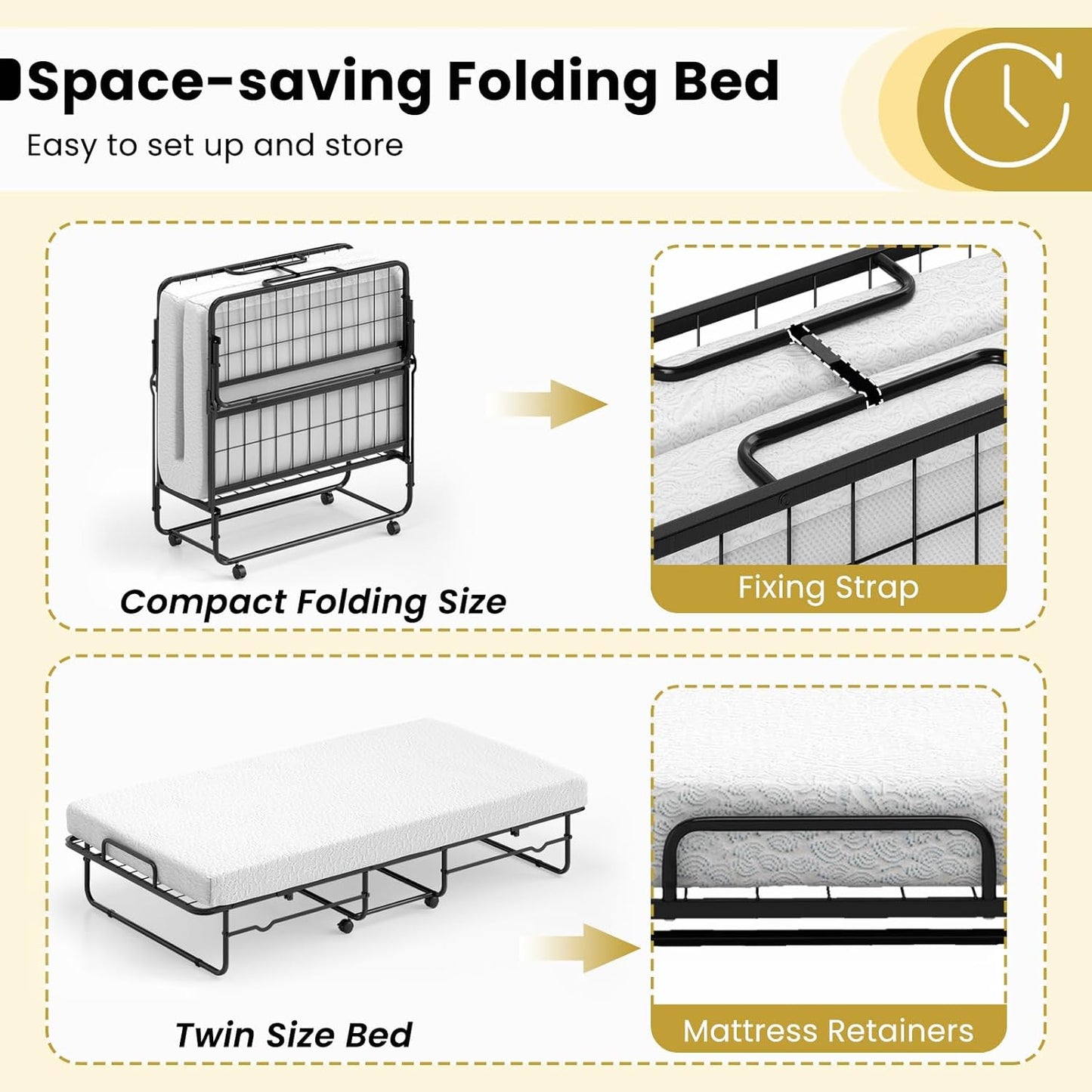 Giantex Twin Size Folding Bed, Rollaway Guest Bed with Memory Foam Mattress & Heavy-Duty Metal Frame, Portable Sleeper Bed with Lockable Wheels for Guest Room, Apartment