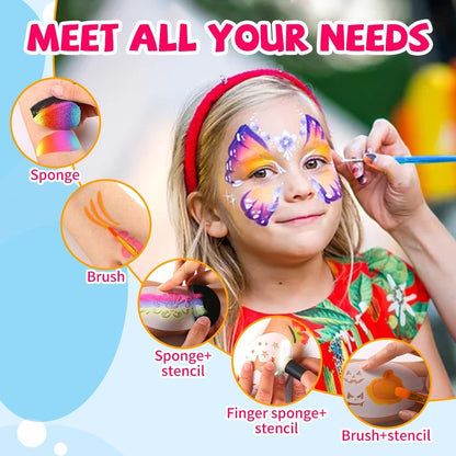 Face Paint Stencils Kit,22 Pcs Reusable Facial Painting Stencils Reusable Body Paint Templates with 10 pcs Brushes,14 pcs Sponges for Party Halloween Makeup Depvision Face Paint Accessory Kit