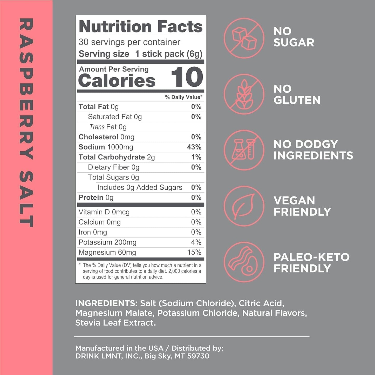 LMNT Zero Sugar Electrolytes - Raspberry Salt | Drink Mix | 30 Count, Pack of 2 (60 Sticks)