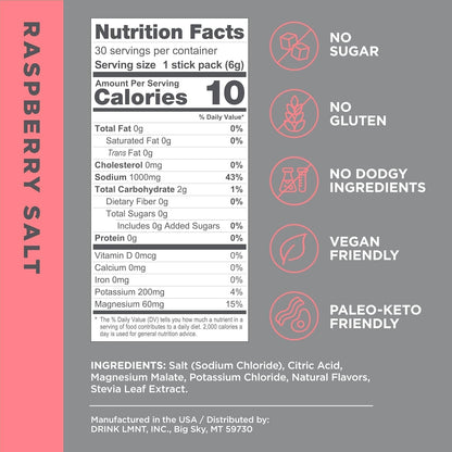 LMNT Zero Sugar Electrolytes - Raspberry Salt | Drink Mix | 30 Count, Pack of 2 (60 Sticks)