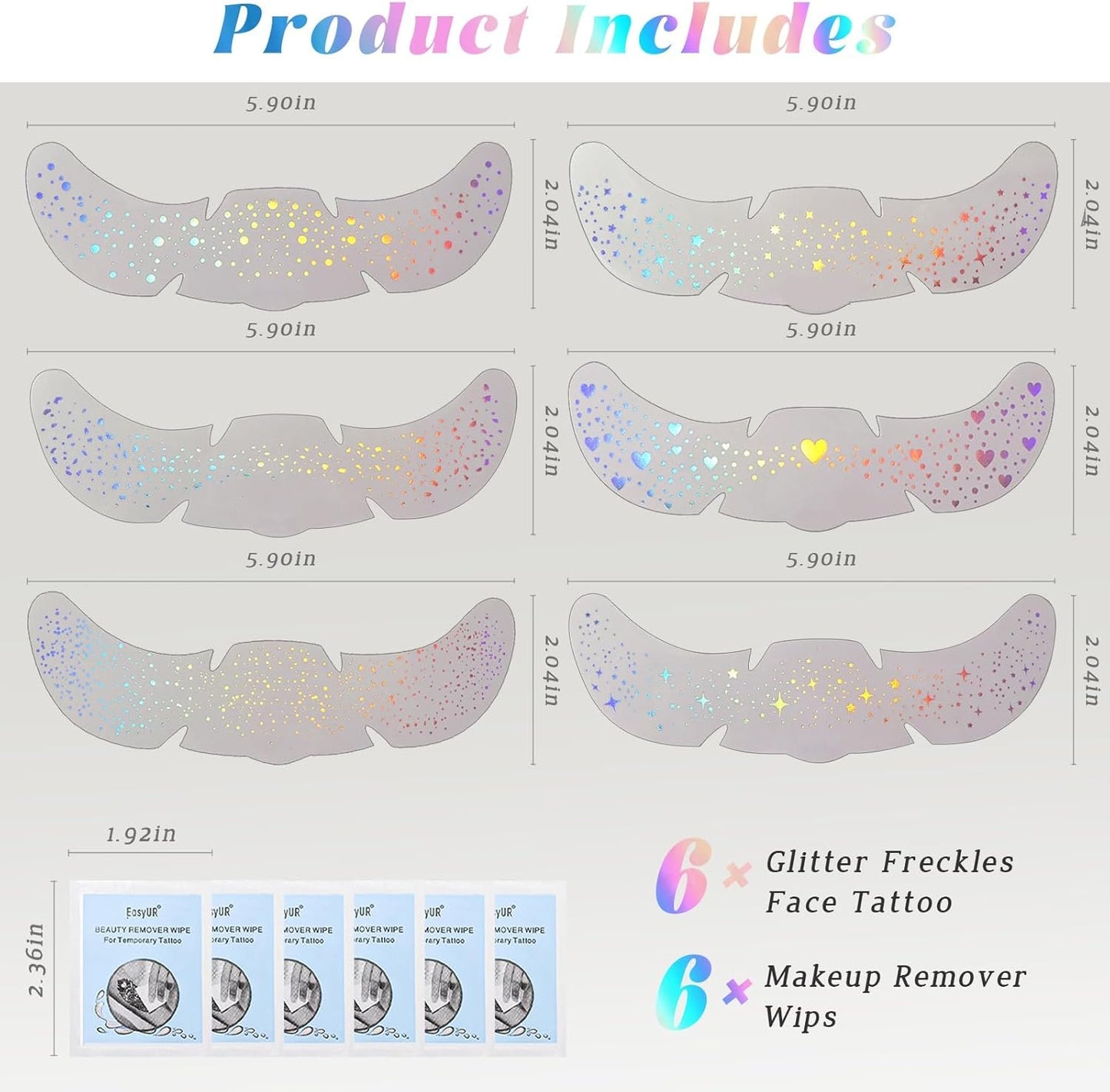 HOSAILY 6 pcs Holographic Multichrome Glitter Freckles Face Tattoo, Waterproof Sparkle Face Glitter Speckles Patches for Women, Cute Star Glitter Temporary Tattoo Makeup Accessories for Festival Rave