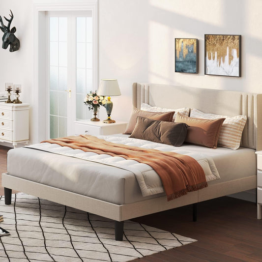Gizoon Full Bed Frame with Wingback Headboard, Upholstered Platform Bed with Modern Geometric Headboard, Wooden Slats, Noise-Free, No Box Spring Needed (Beige, Full)